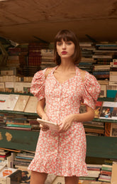Red and White Checkered Dress with Small Daisy Pattern, Textured Material and Puffed Sleeves - By Quaint